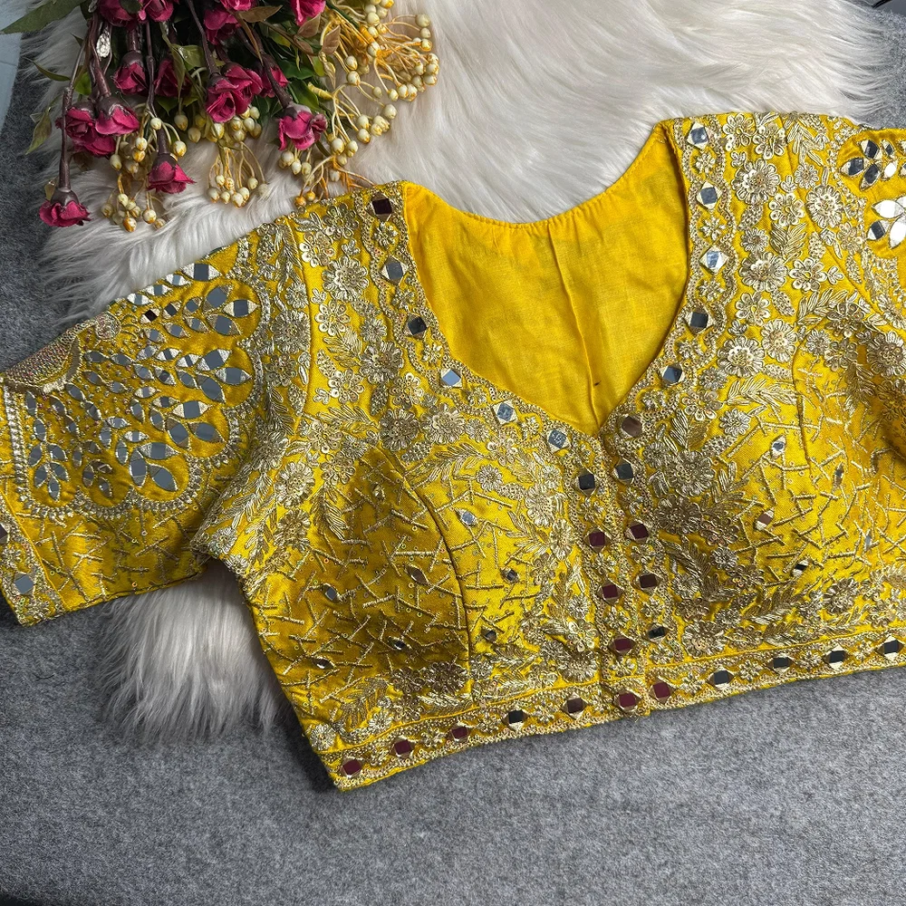 Yellow Heavy Zari Silk Embroidered Peacock Mirror Work Blouse — view 1