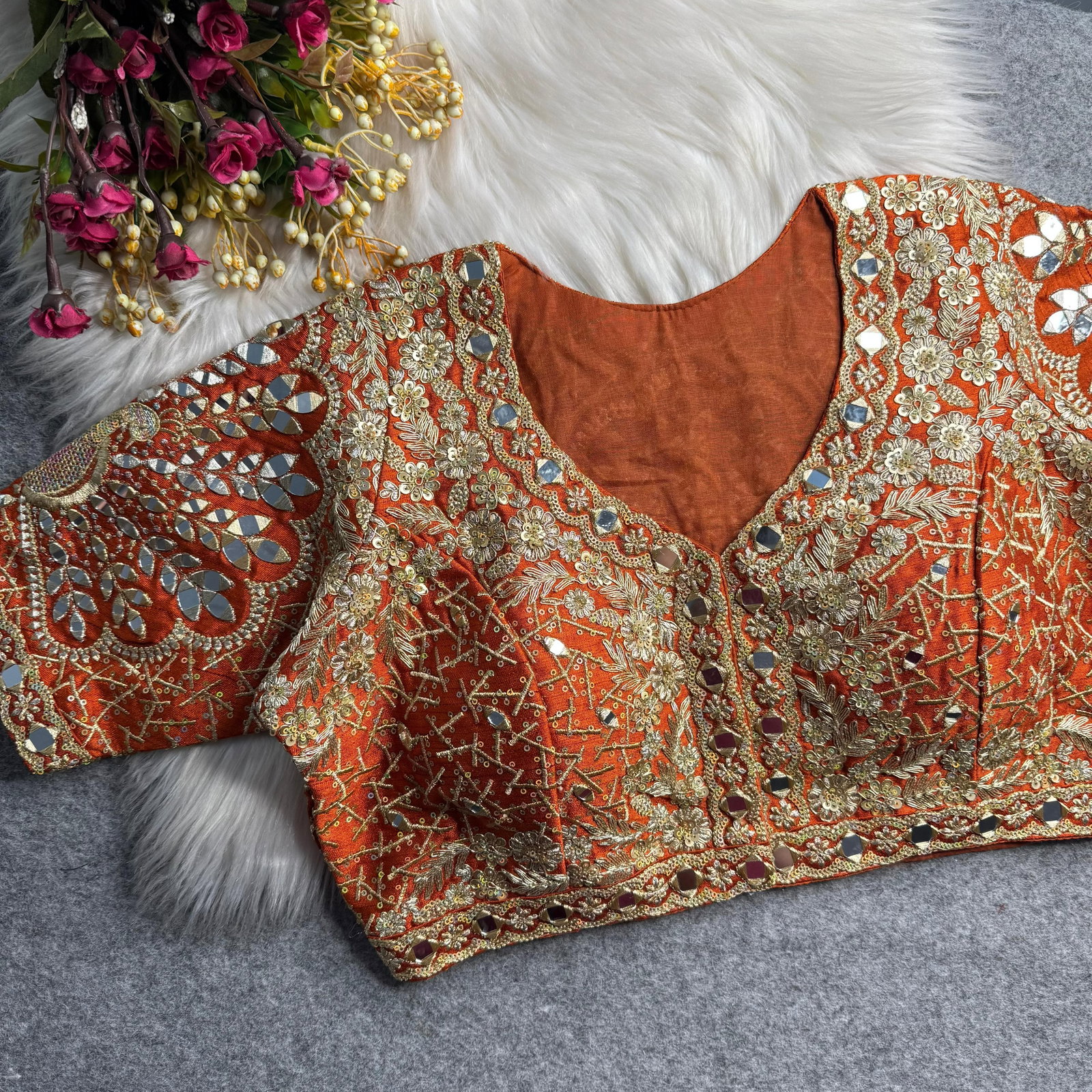 Copper Heavy Zari Silk Embroidered Peacock Mirror Work Blouse