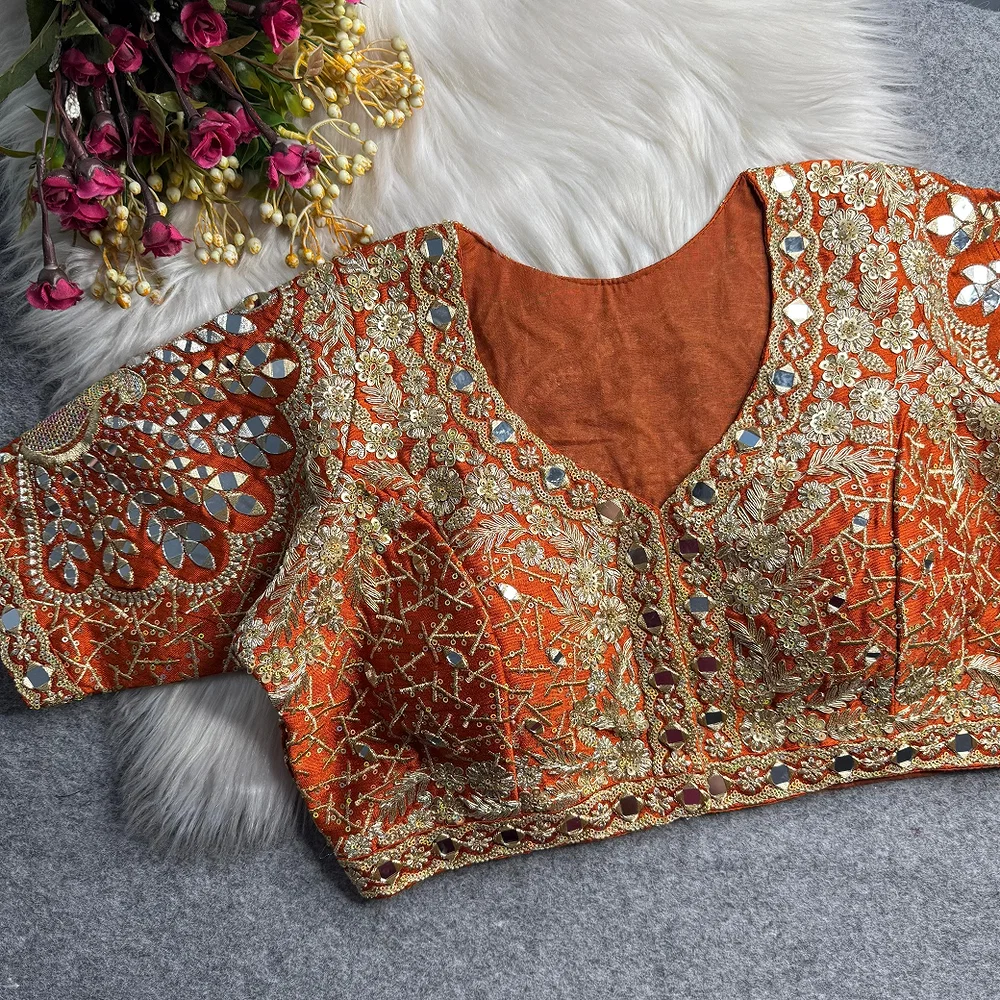 Copper Heavy Zari Silk Embroidered Peacock Mirror Work Blouse — view 1