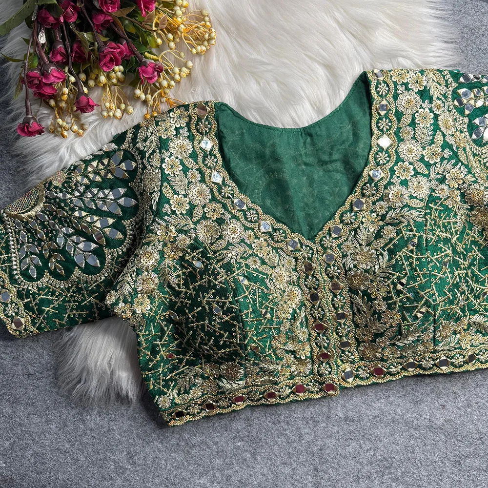 Green Heavy Zari Silk Embroidered Peacock Mirror Work Blouse — view 1