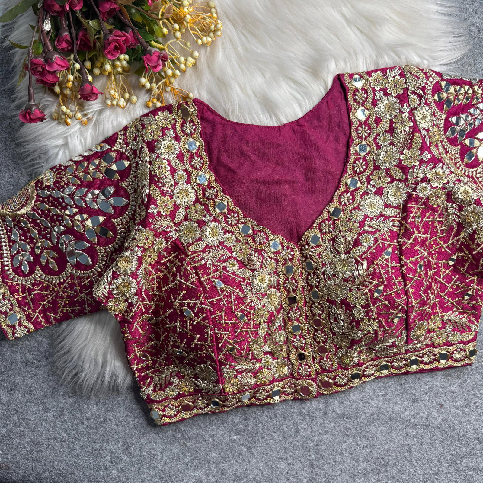 Magenta Heavy Zari Silk Embroidered Peacock Mirror Work Blouse
