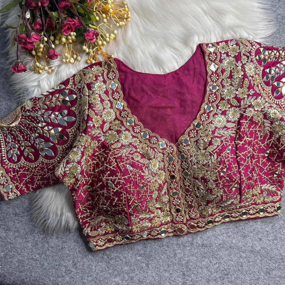 Magenta Heavy Zari Silk Embroidered Peacock Mirror Work Blouse — view 1