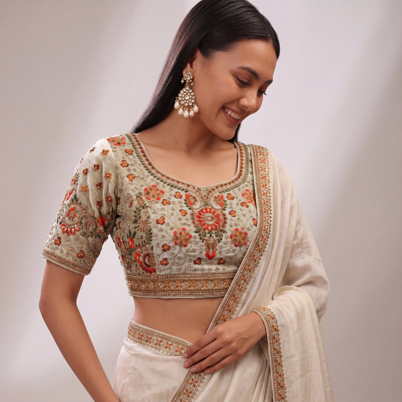 Cream Color Heavy Velvet Real Diamond Work Blouse
