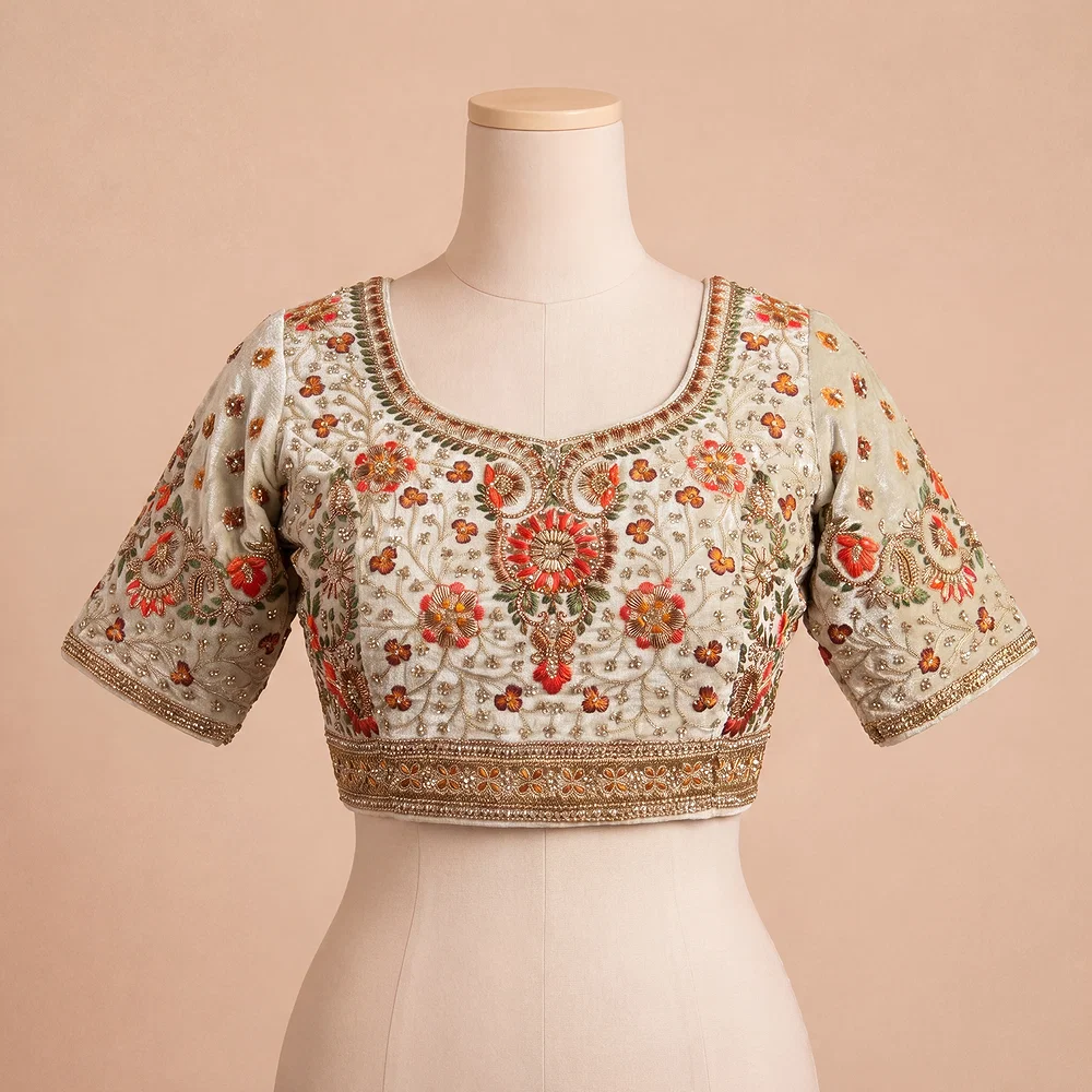 Cream Color Heavy Velvet Real Diamond Work Blouse — view 2