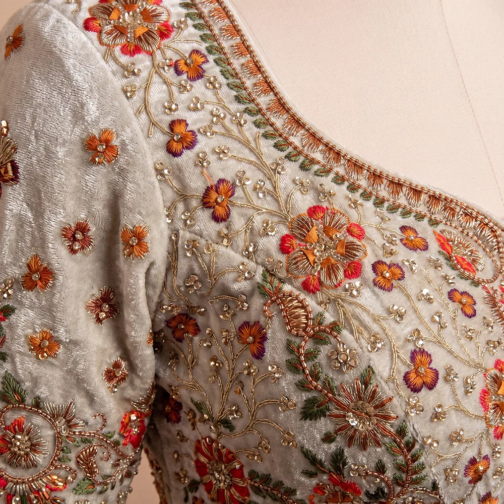 Cream Color Heavy Velvet Real Diamond Work Blouse — view 3