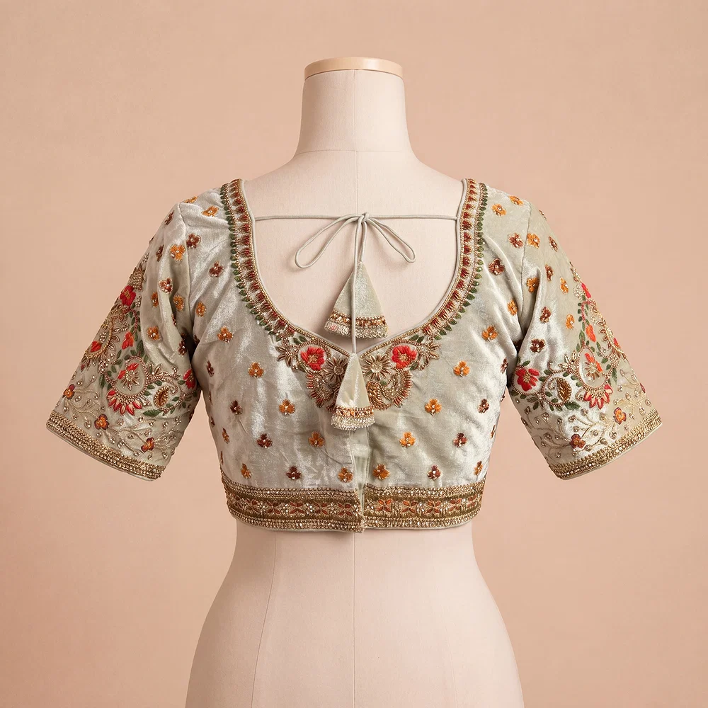 Cream Color Heavy Velvet Real Diamond Work Blouse — view 4