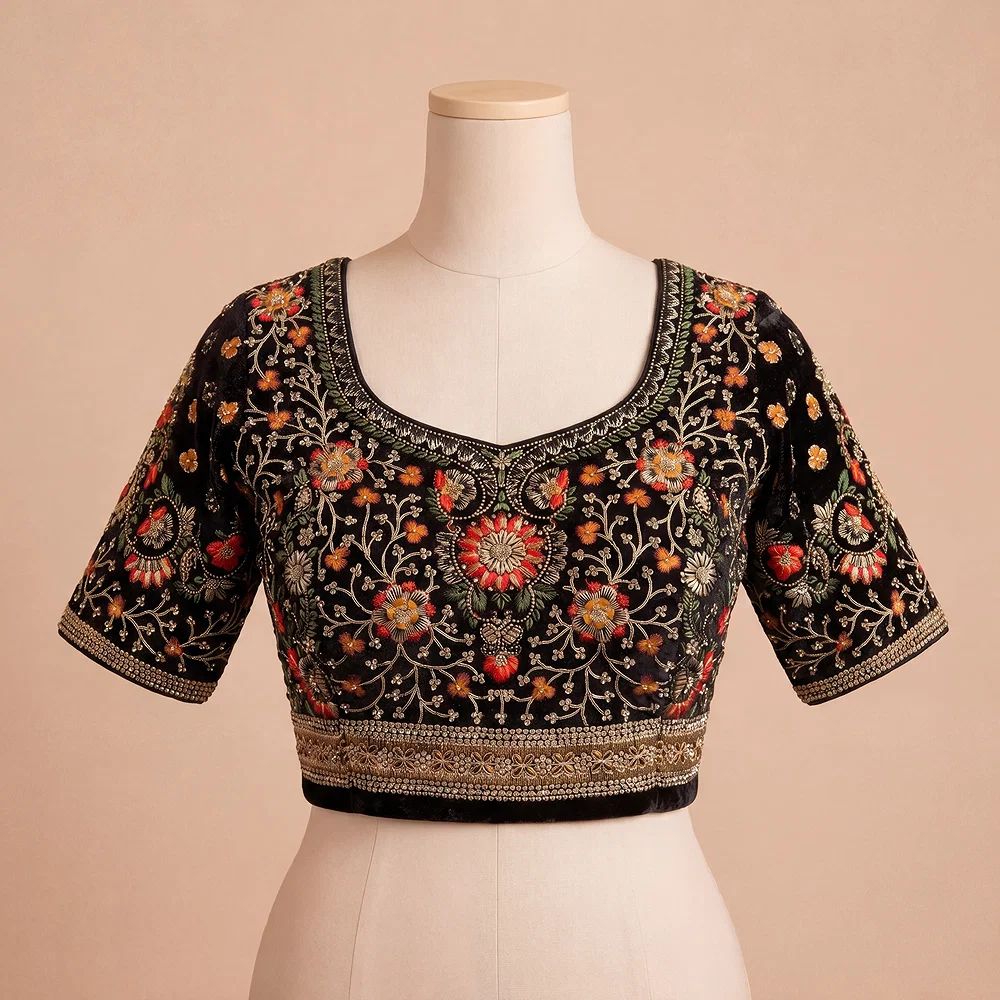 Black Color Heavy Velvet Real Diamond Work Blouse — view 2
