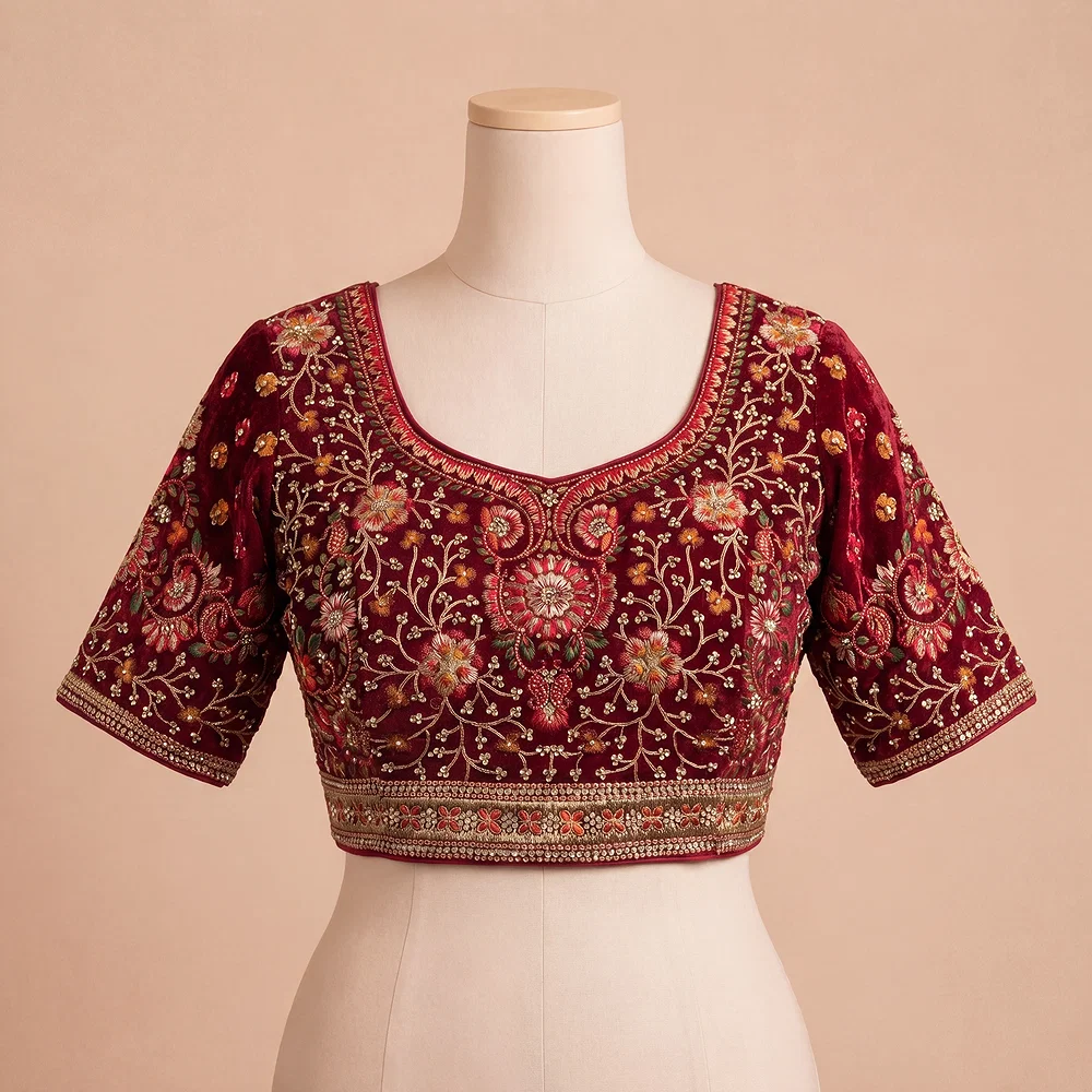 Maroon Color Heavy Velvet Real Diamond Work Blouse — view 2