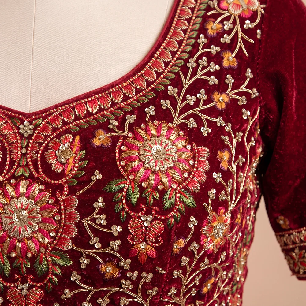 Maroon Color Heavy Velvet Real Diamond Work Blouse — view 3