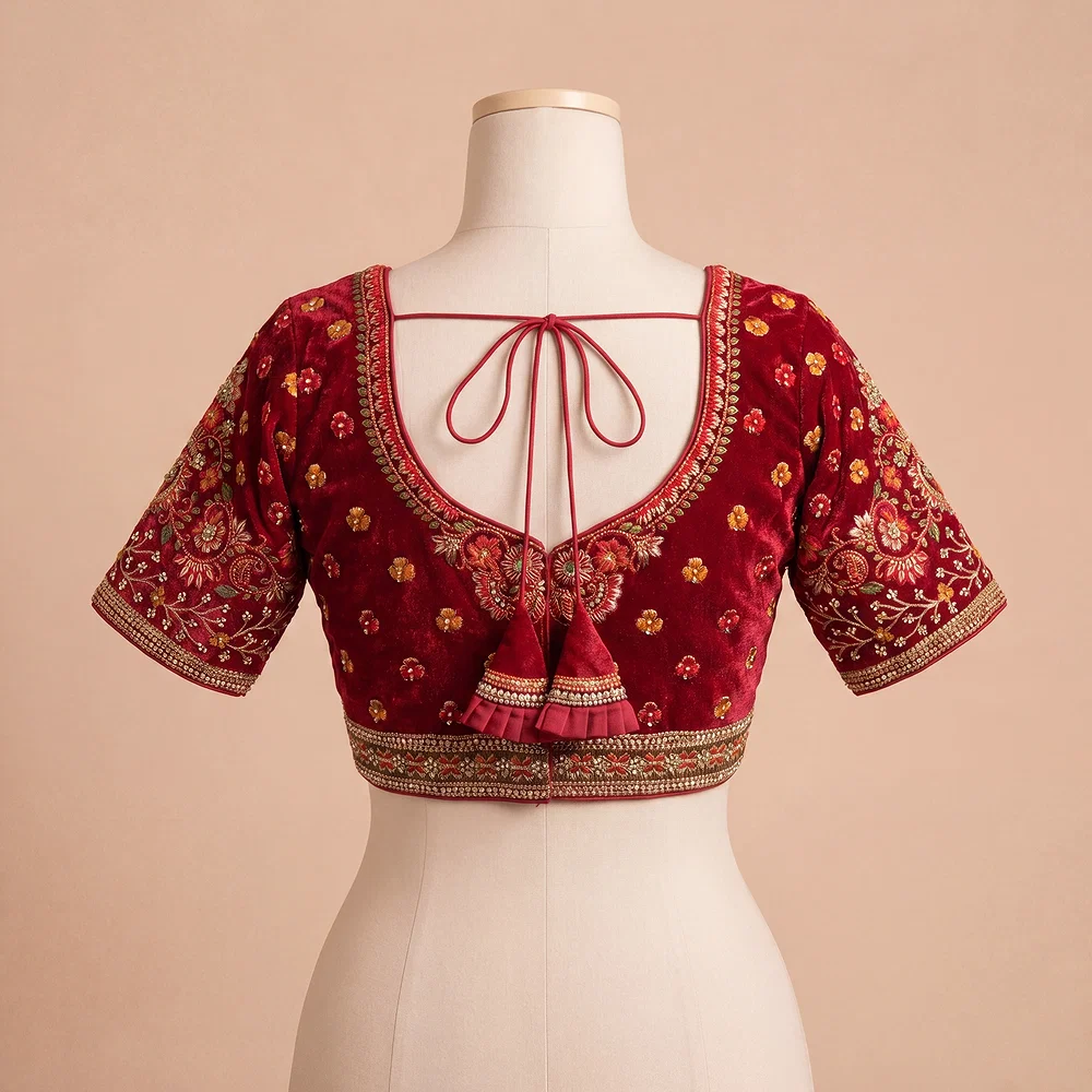 Maroon Color Heavy Velvet Real Diamond Work Blouse — view 4