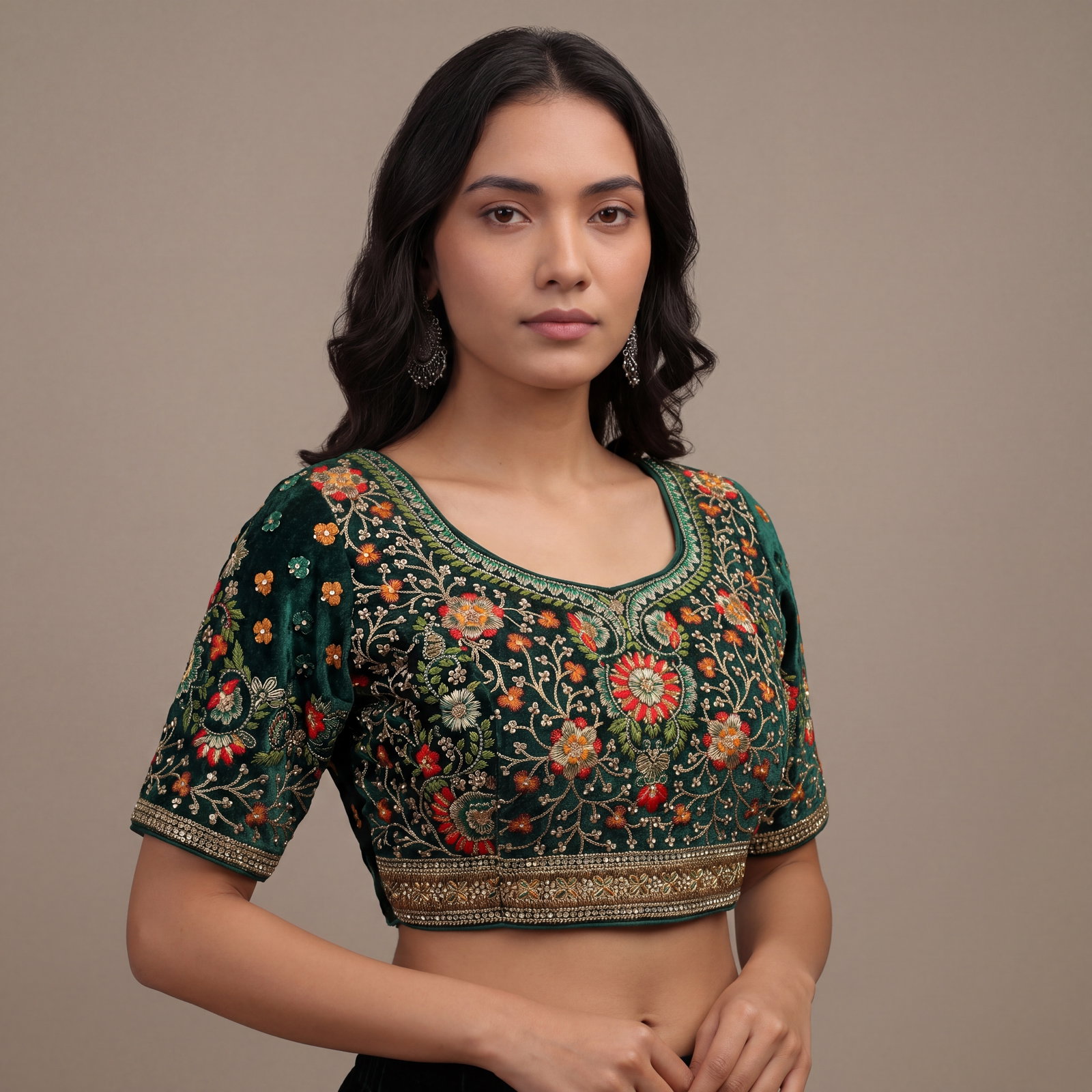 Green Color Heavy Velvet Real Diamond Work Blouse