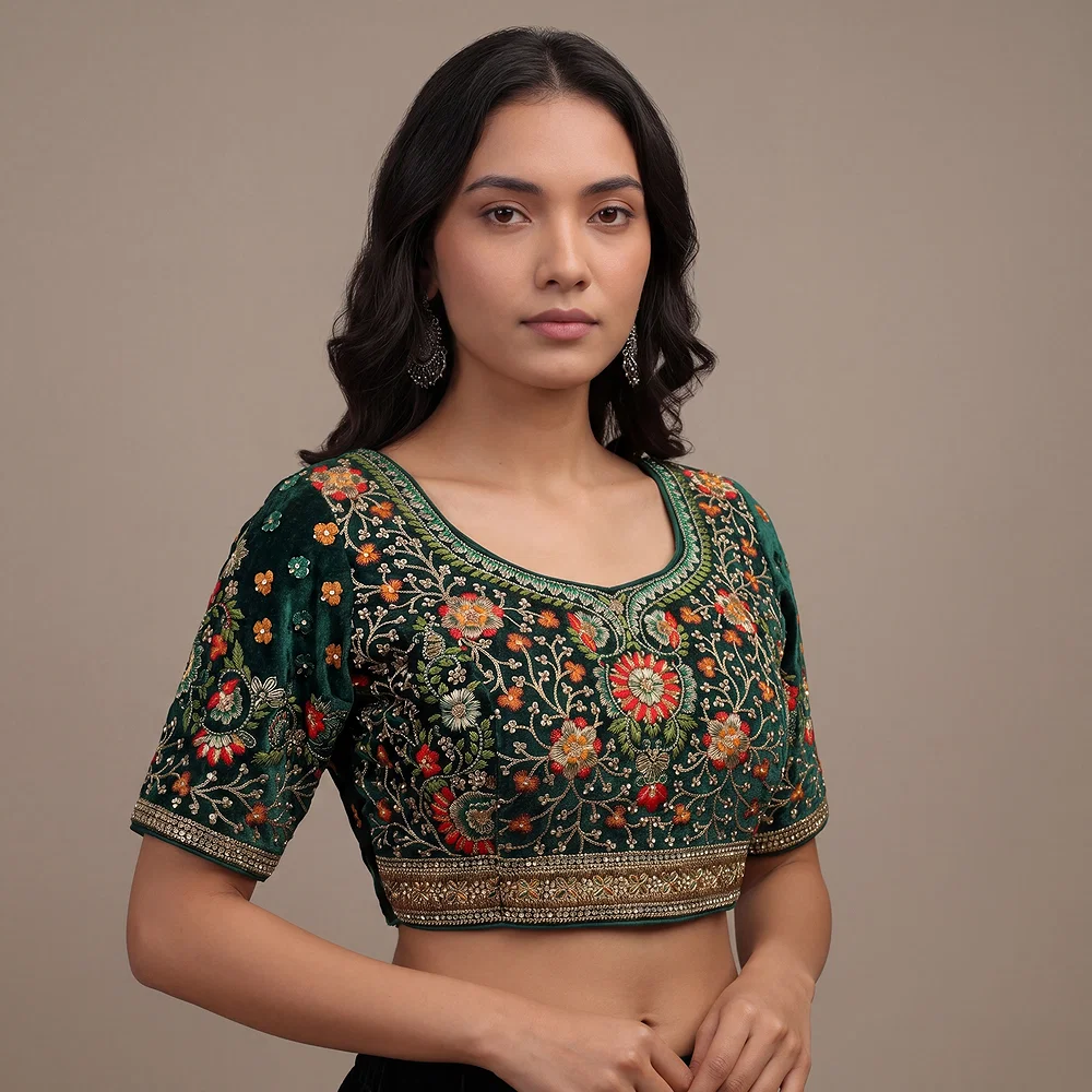 Green Color Heavy Velvet Real Diamond Work Blouse — view 1