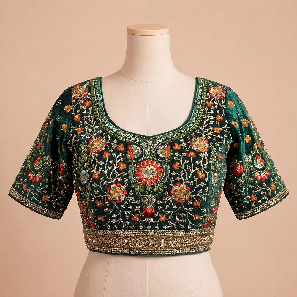 Green Color Heavy Velvet Real Diamond Work Blouse — view 2
