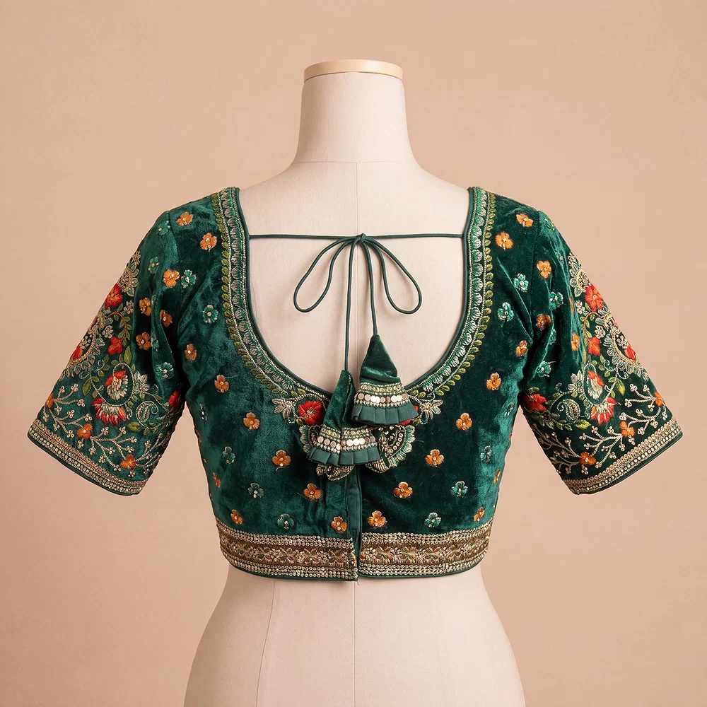 Green Color Heavy Velvet Real Diamond Work Blouse — view 4