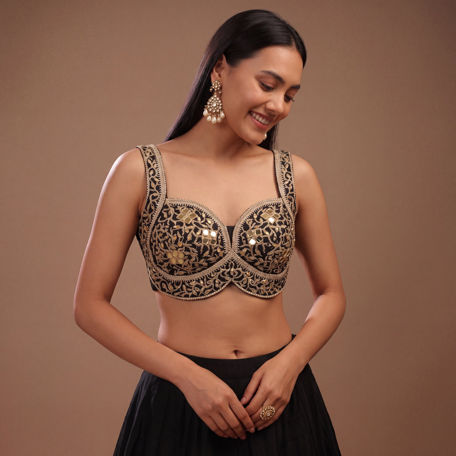 Black Bridal Mirror Work Designer Blouse with Heavy Zari Embroidery