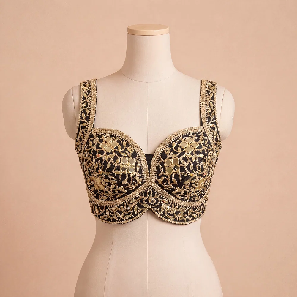 Black Bridal Mirror Work Designer Blouse with Heavy Zari Embroidery — view 2