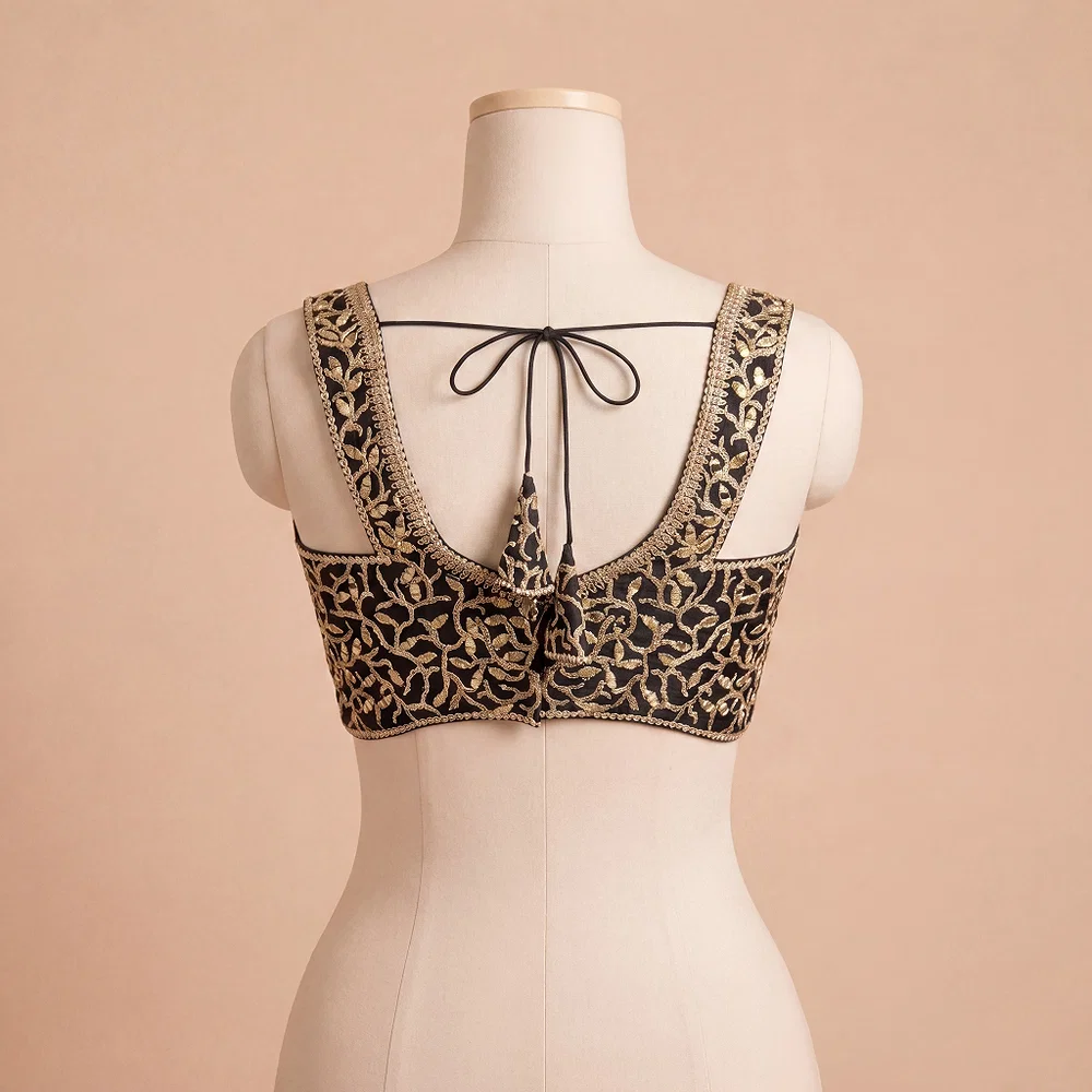 Black Bridal Mirror Work Designer Blouse with Heavy Zari Embroidery — view 3
