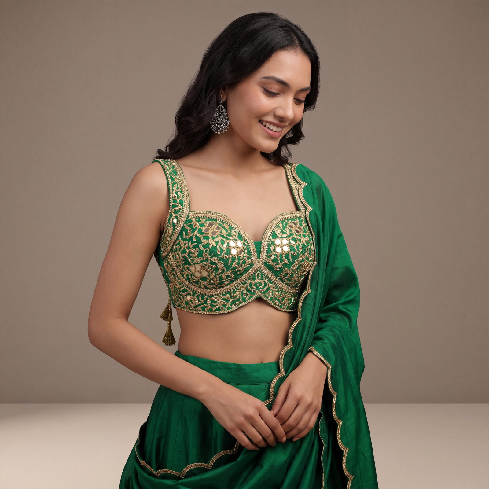 Green Bridal Mirror Work Designer Blouse with Heavy Zari Embroidery