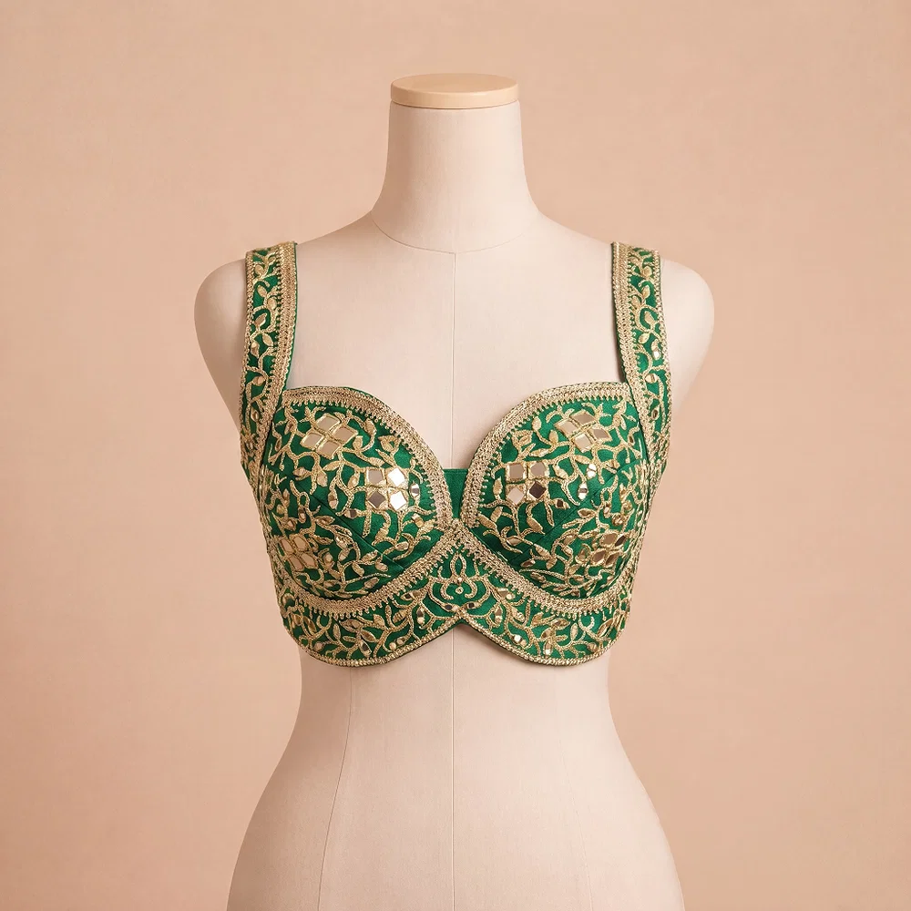 Green Bridal Mirror Work Designer Blouse with Heavy Zari Embroidery — view 2