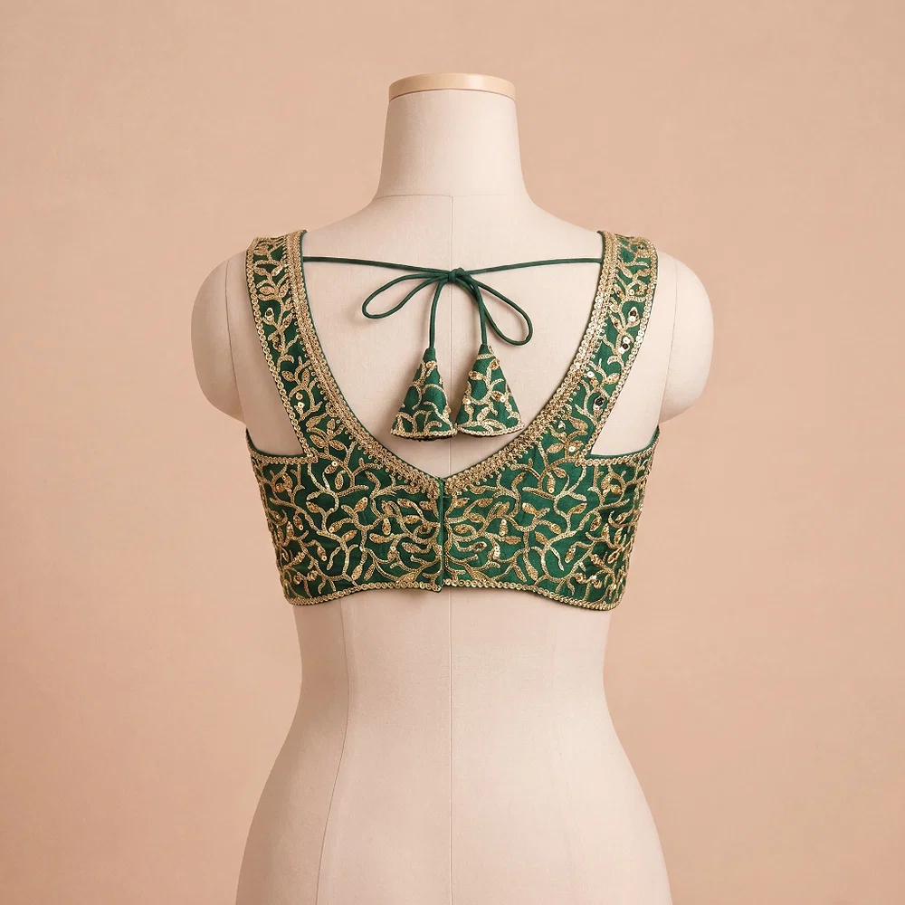 Green Bridal Mirror Work Designer Blouse with Heavy Zari Embroidery — view 3