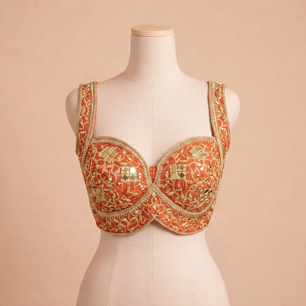 Rust Bridal Mirror Work Designer Blouse with Heavy Zari Embroidery — view 2