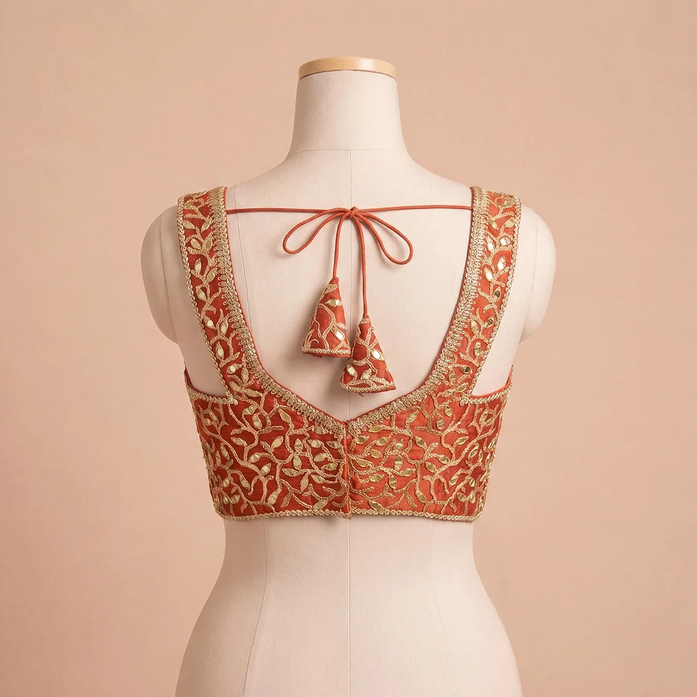 Rust Bridal Mirror Work Designer Blouse with Heavy Zari Embroidery — view 3