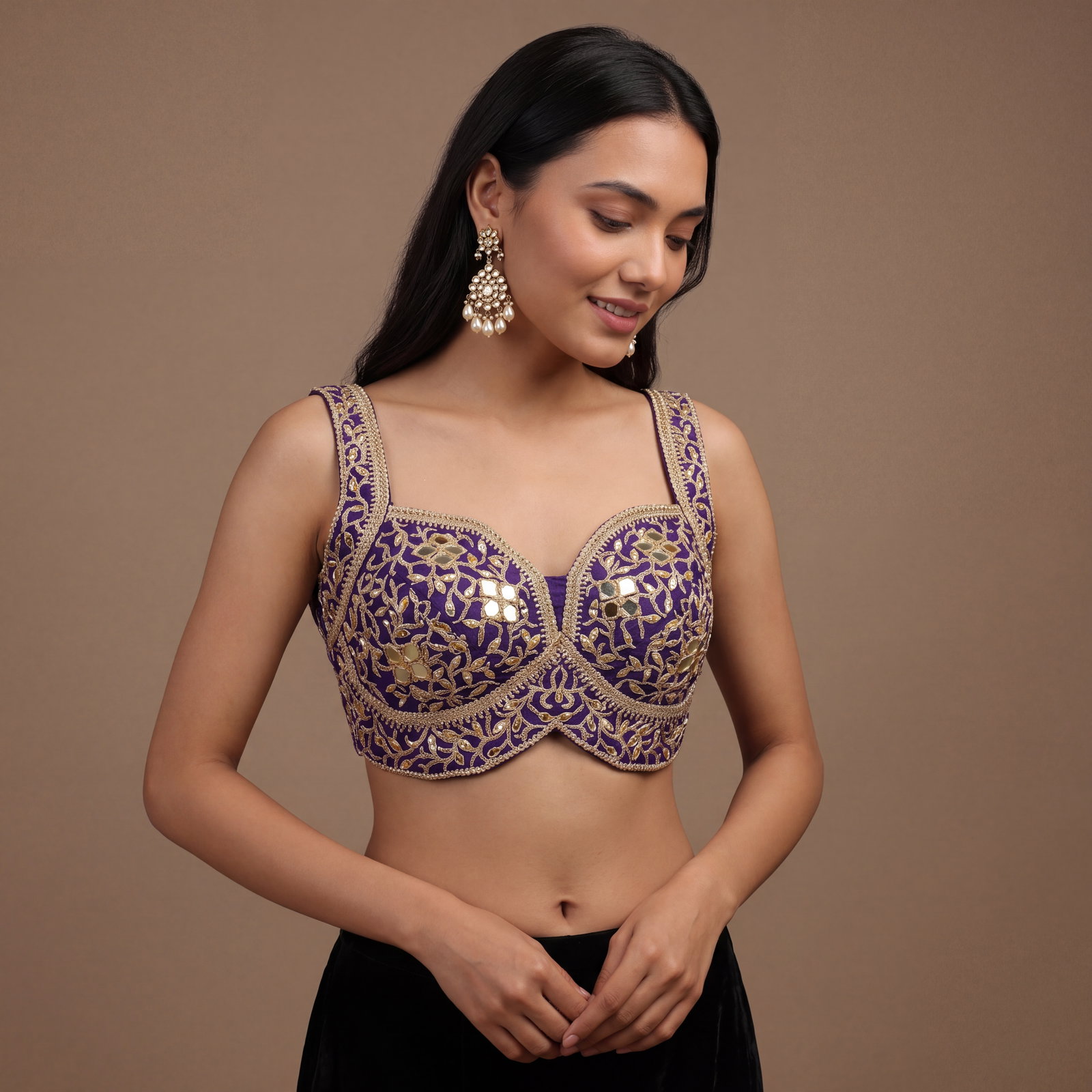 Purple Bridal Mirror Work Designer Blouse with Heavy Zari Embroidery