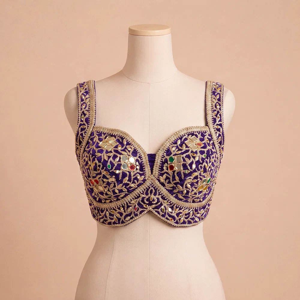 Purple Bridal Mirror Work Designer Blouse with Heavy Zari Embroidery — view 2