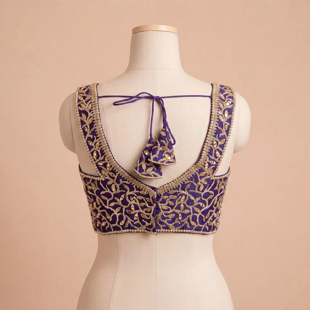 Purple Bridal Mirror Work Designer Blouse with Heavy Zari Embroidery — view 3