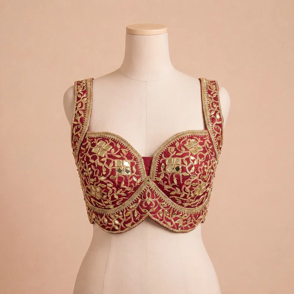Maroon Bridal Mirror Work Designer Blouse with Heavy Zari Embroidery — view 2