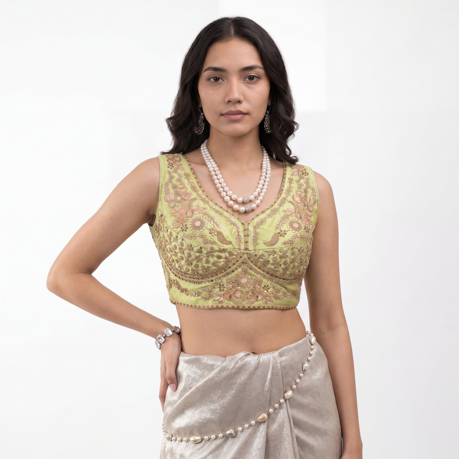 Pista Green Color Sabyasachi Neck Bridal Blouse with Heavy Stars & Beads Work