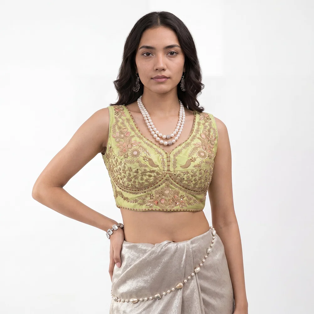 Pista Green Color Sabyasachi Neck Bridal Blouse with Heavy Stars & Beads Work — view 1