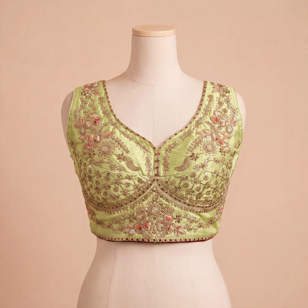 Pista Green Color Sabyasachi Neck Bridal Blouse with Heavy Stars & Beads Work — view 2