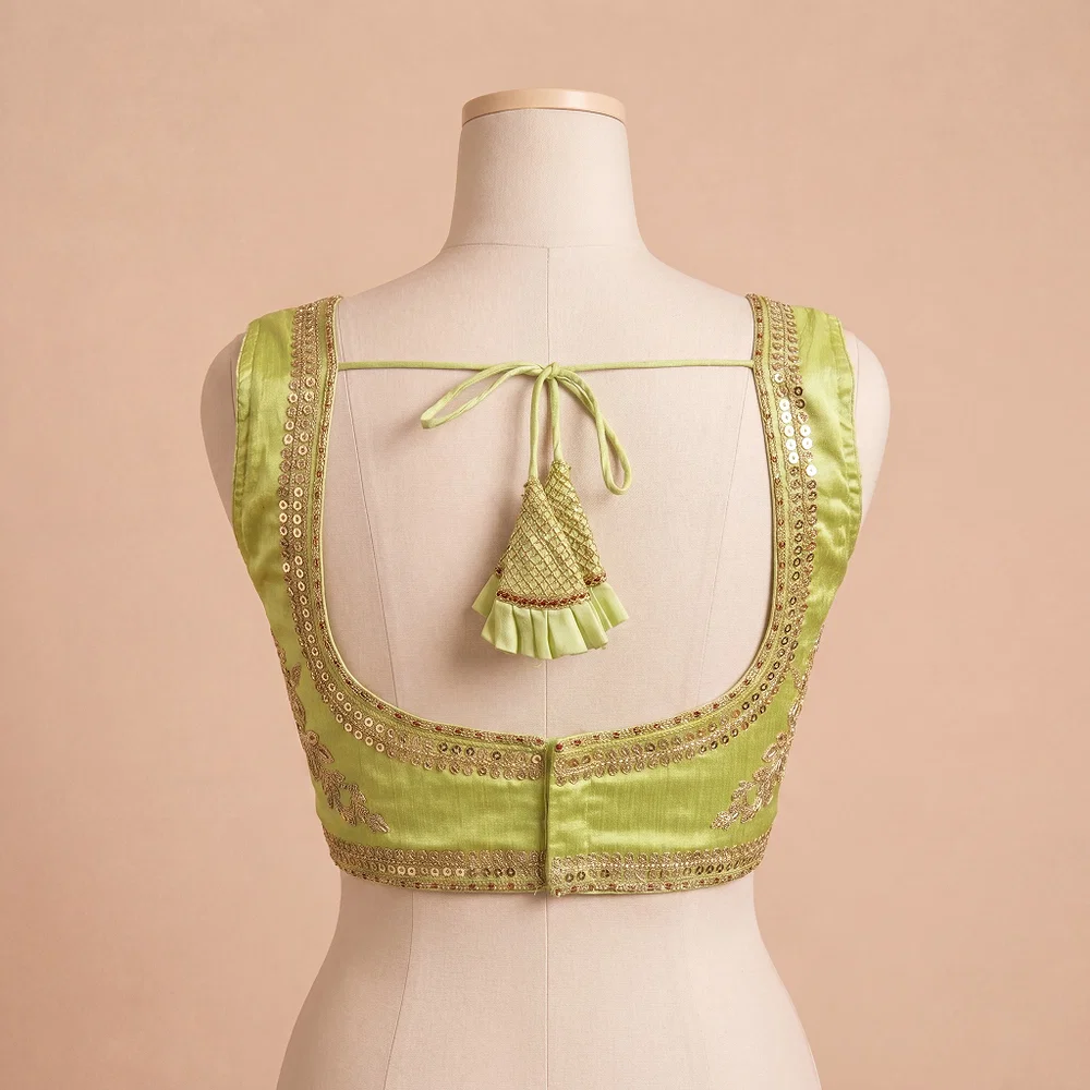 Pista Green Color Sabyasachi Neck Bridal Blouse with Heavy Stars & Beads Work — view 3