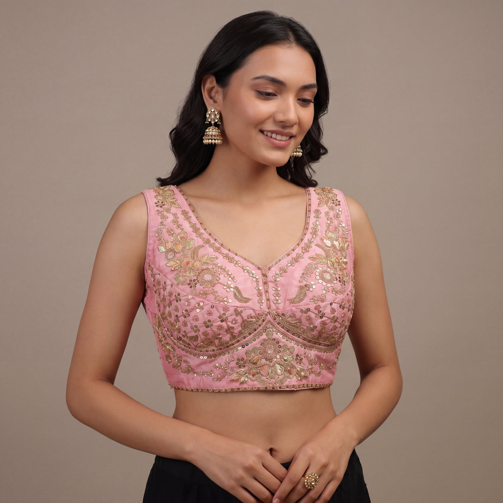Pink Color Sabyasachi Neck Bridal Blouse with Heavy Stars & Beads Work