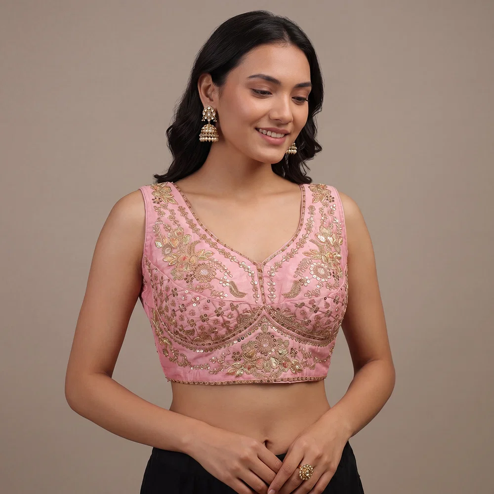 Pink Color Sabyasachi Neck Bridal Blouse with Heavy Stars & Beads Work — view 1