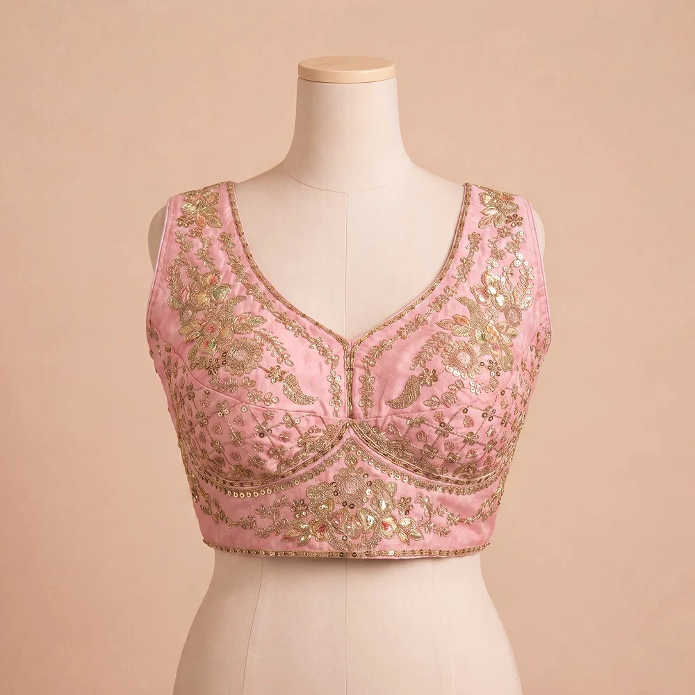 Pink Color Sabyasachi Neck Bridal Blouse with Heavy Stars & Beads Work — view 2