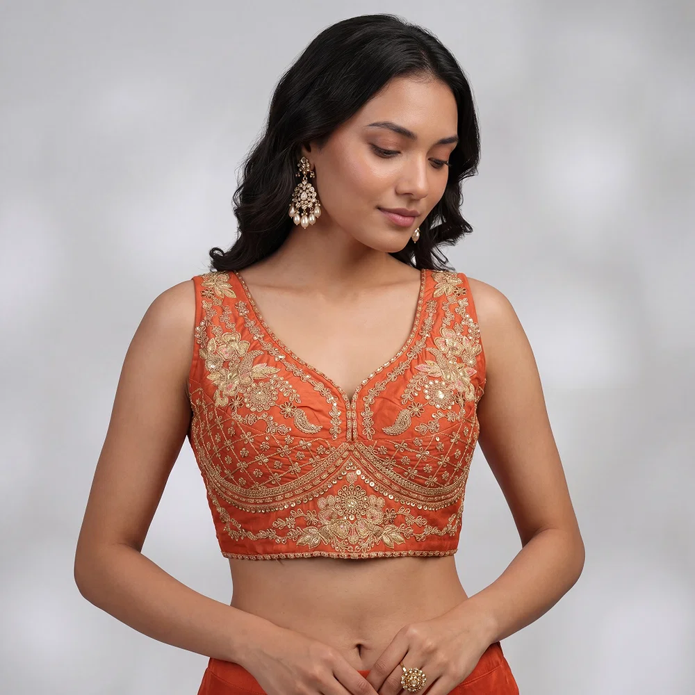 Copper Color Sabyasachi Neck Bridal Blouse with Heavy Stars & Beads Work — view 1