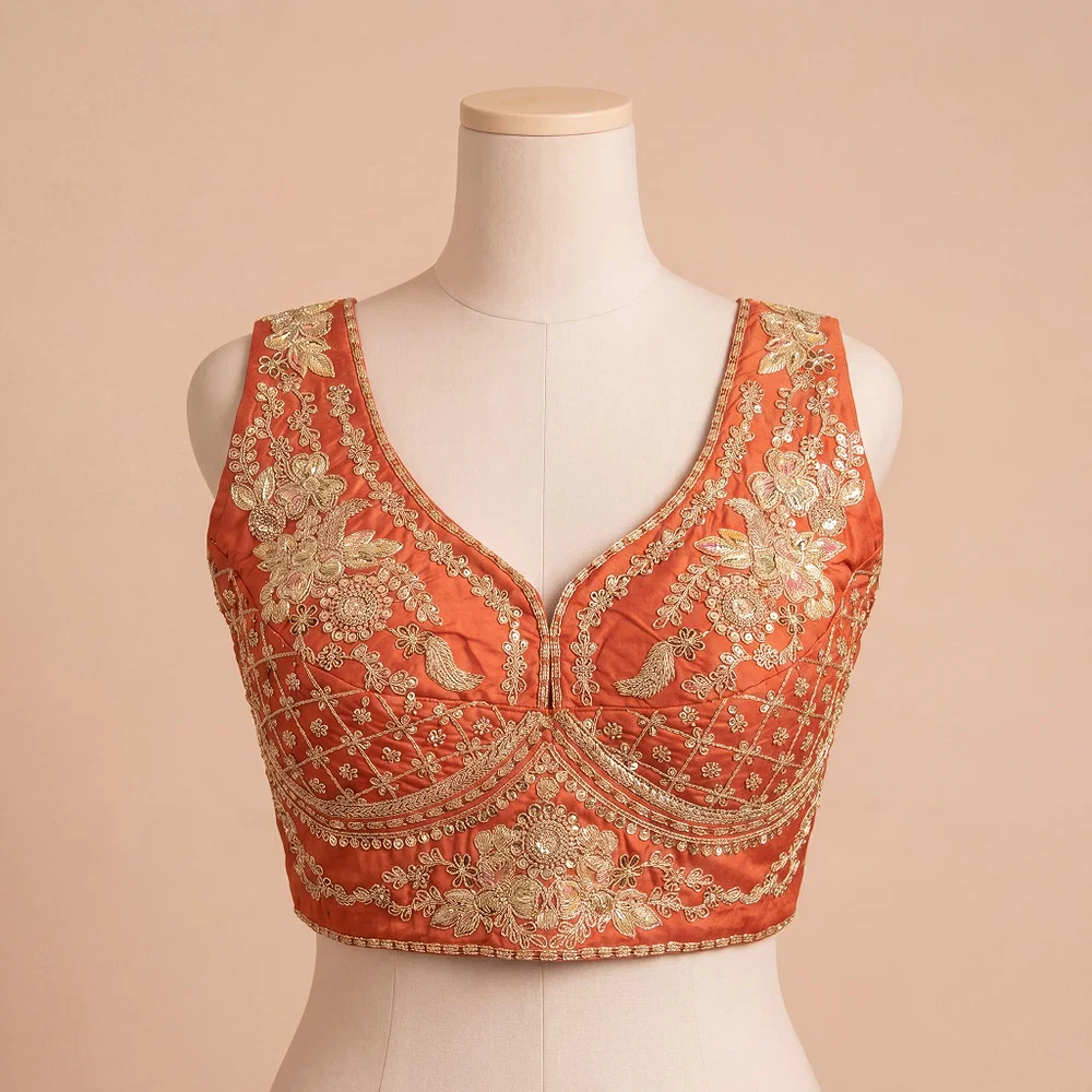 Copper Color Sabyasachi Neck Bridal Blouse with Heavy Stars & Beads Work — view 2
