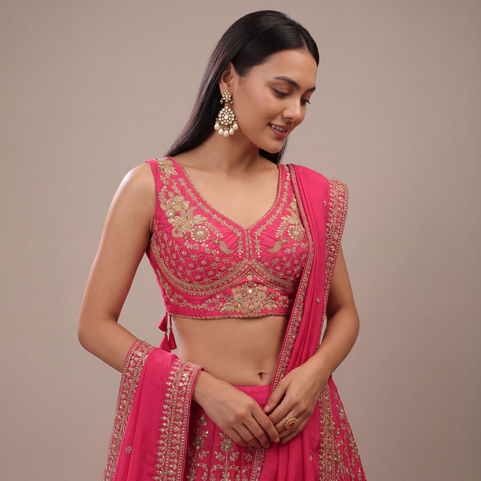 Rani Color Sabyasachi Neck Bridal Blouse with Heavy Stars & Beads Work