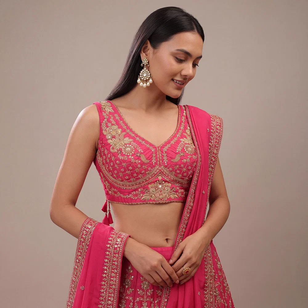 Rani Color Sabyasachi Neck Bridal Blouse with Heavy Stars & Beads Work — view 1