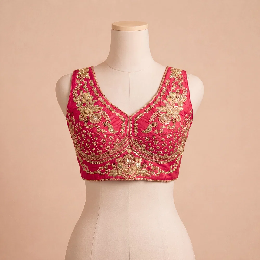 Rani Color Sabyasachi Neck Bridal Blouse with Heavy Stars & Beads Work — view 2