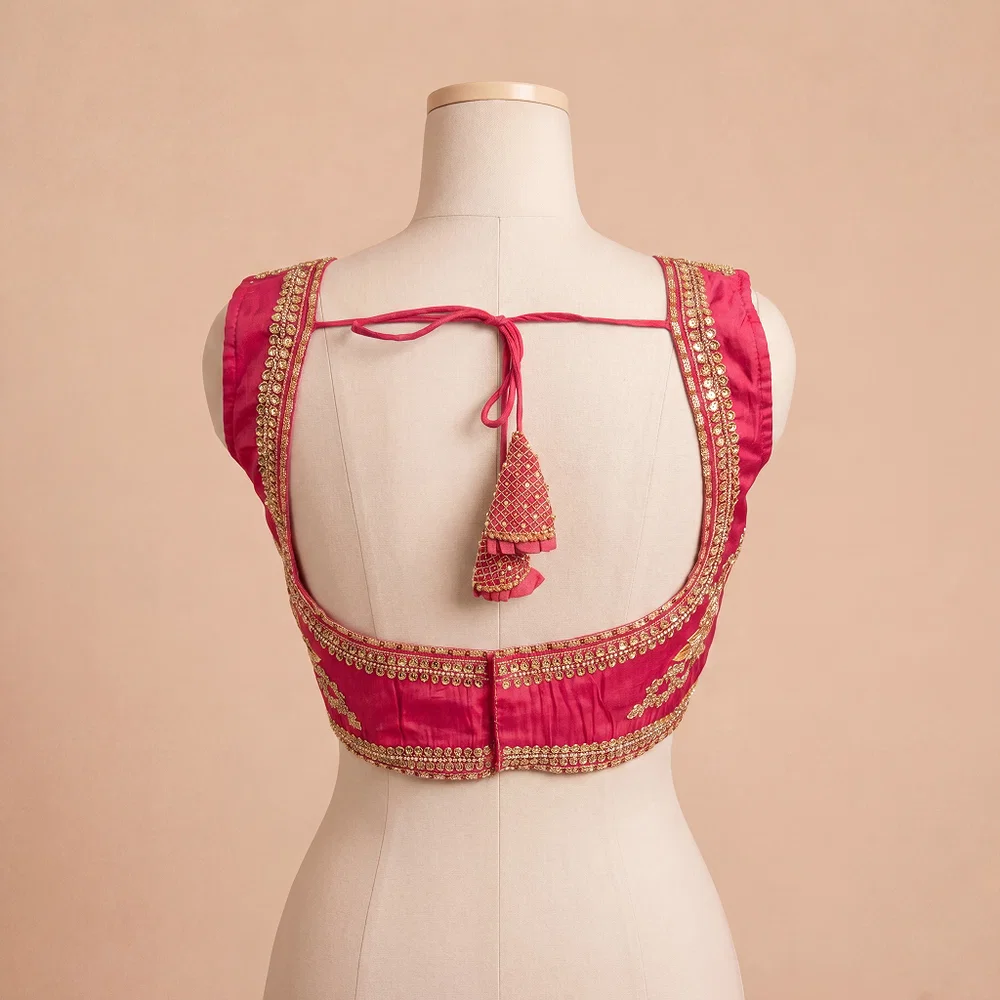 Rani Color Sabyasachi Neck Bridal Blouse with Heavy Stars & Beads Work — view 3
