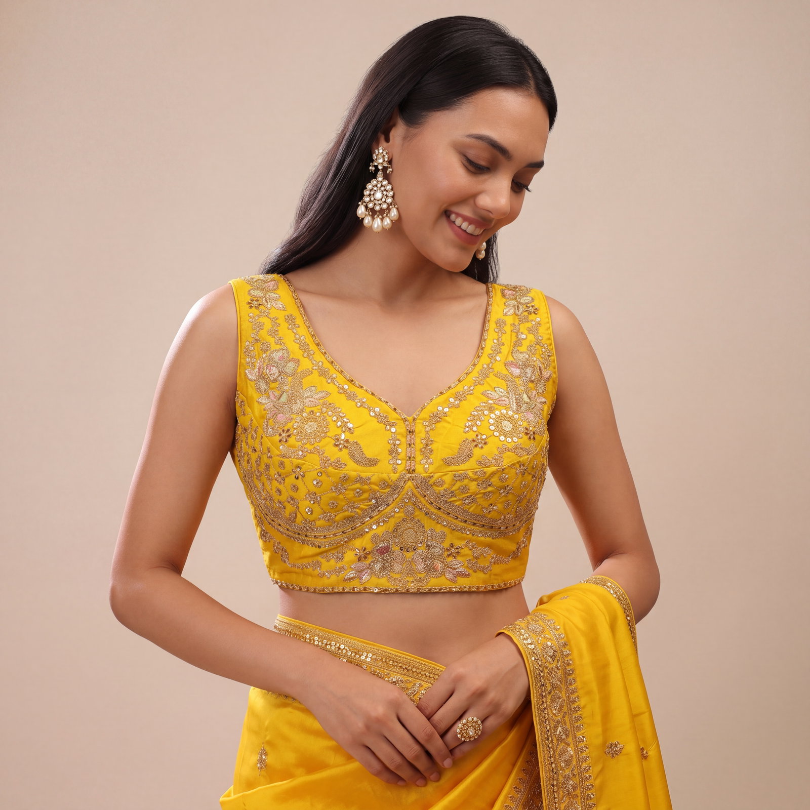 Yellow Color Sabyasachi Neck Bridal Blouse with Heavy Stars & Beads Work