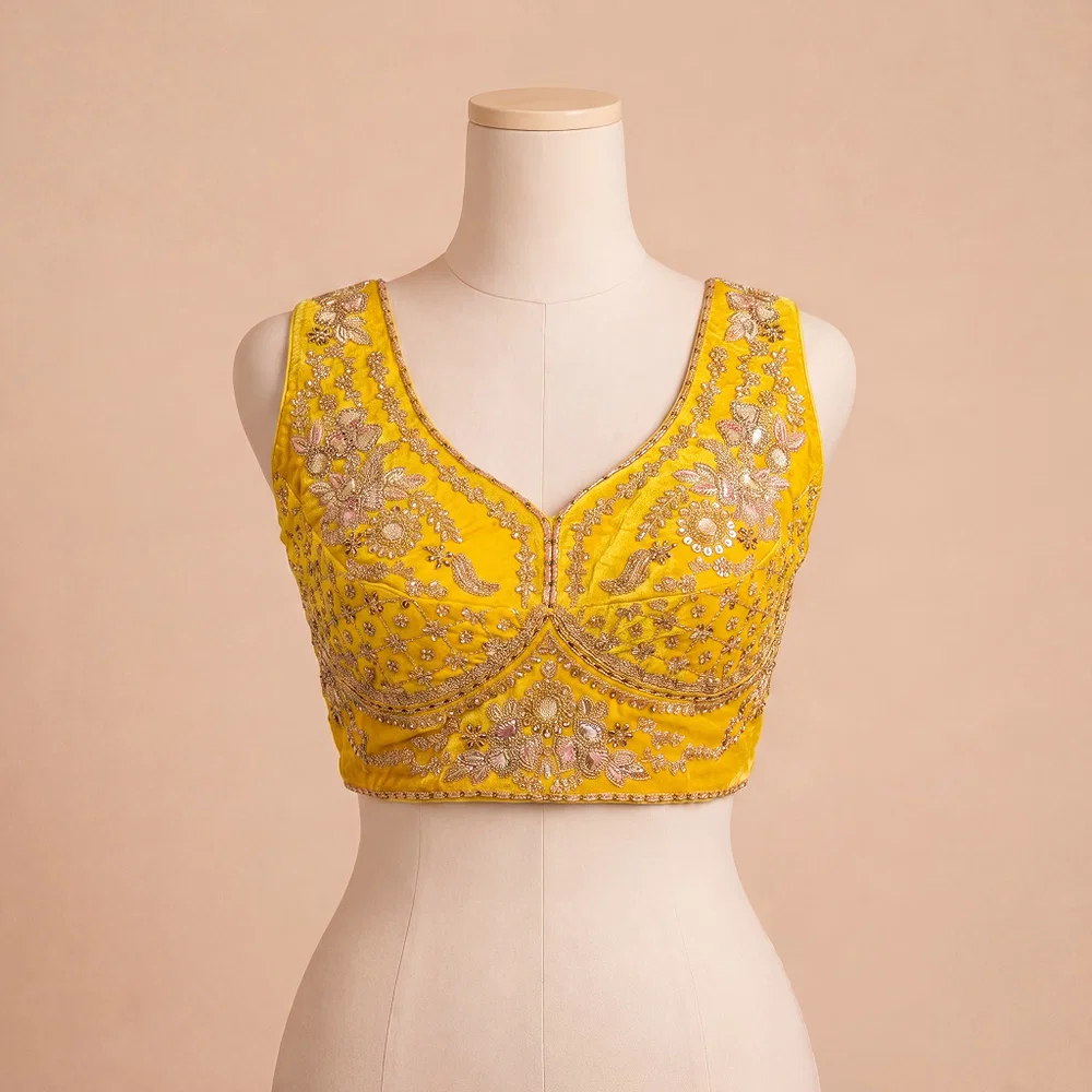 Yellow Color Sabyasachi Neck Bridal Blouse with Heavy Stars & Beads Work — view 2