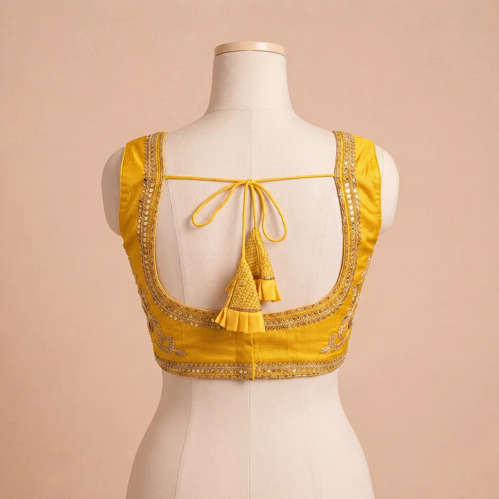 Yellow Color Sabyasachi Neck Bridal Blouse with Heavy Stars & Beads Work — view 3