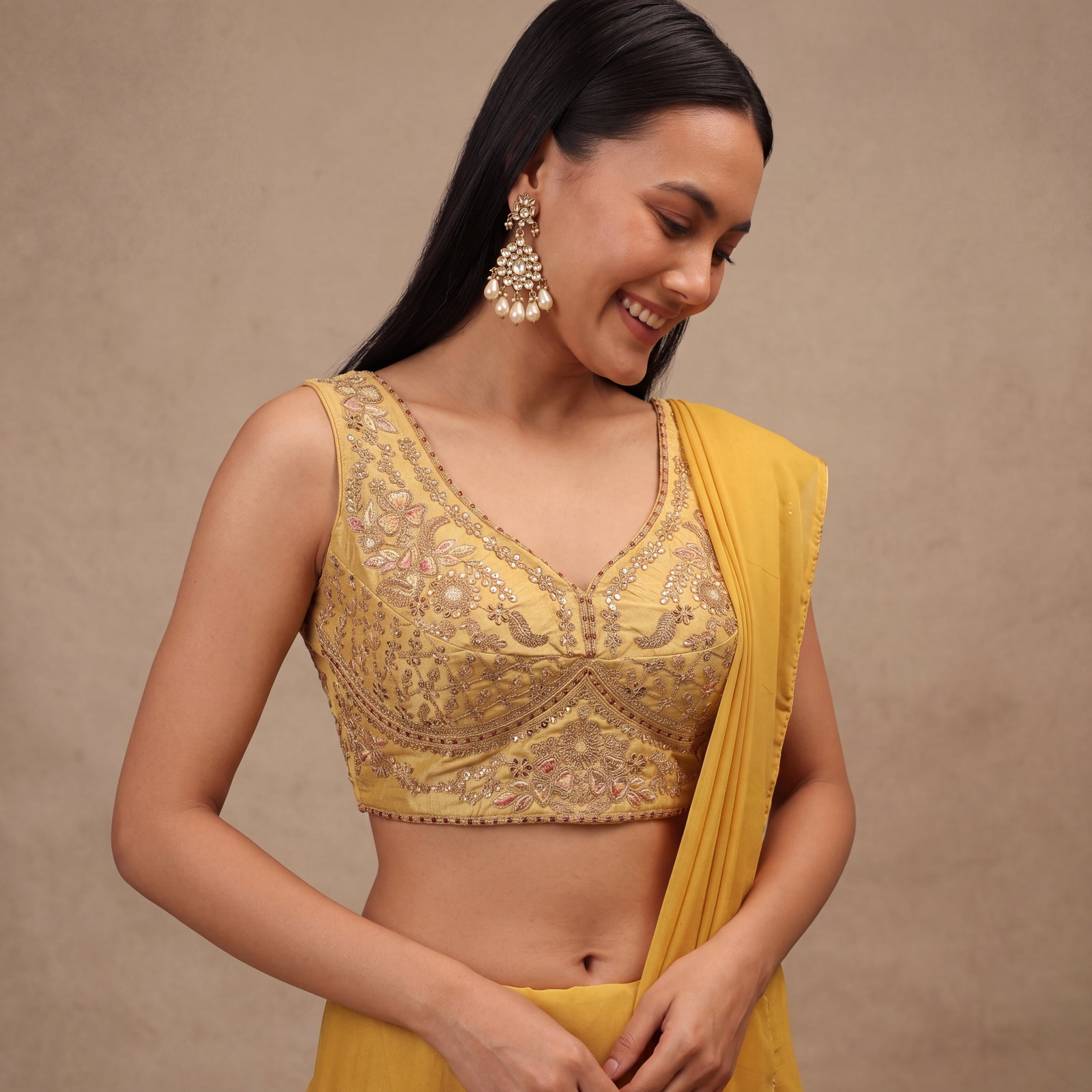 Gold Color Sabyasachi Neck Bridal Blouse with Heavy Stars & Beads Work