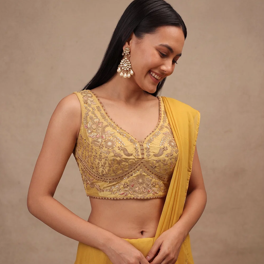 Gold Color Sabyasachi Neck Bridal Blouse with Heavy Stars & Beads Work — view 1