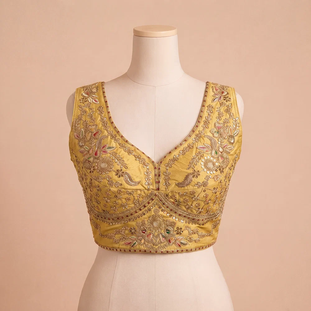 Gold Color Sabyasachi Neck Bridal Blouse with Heavy Stars & Beads Work — view 2