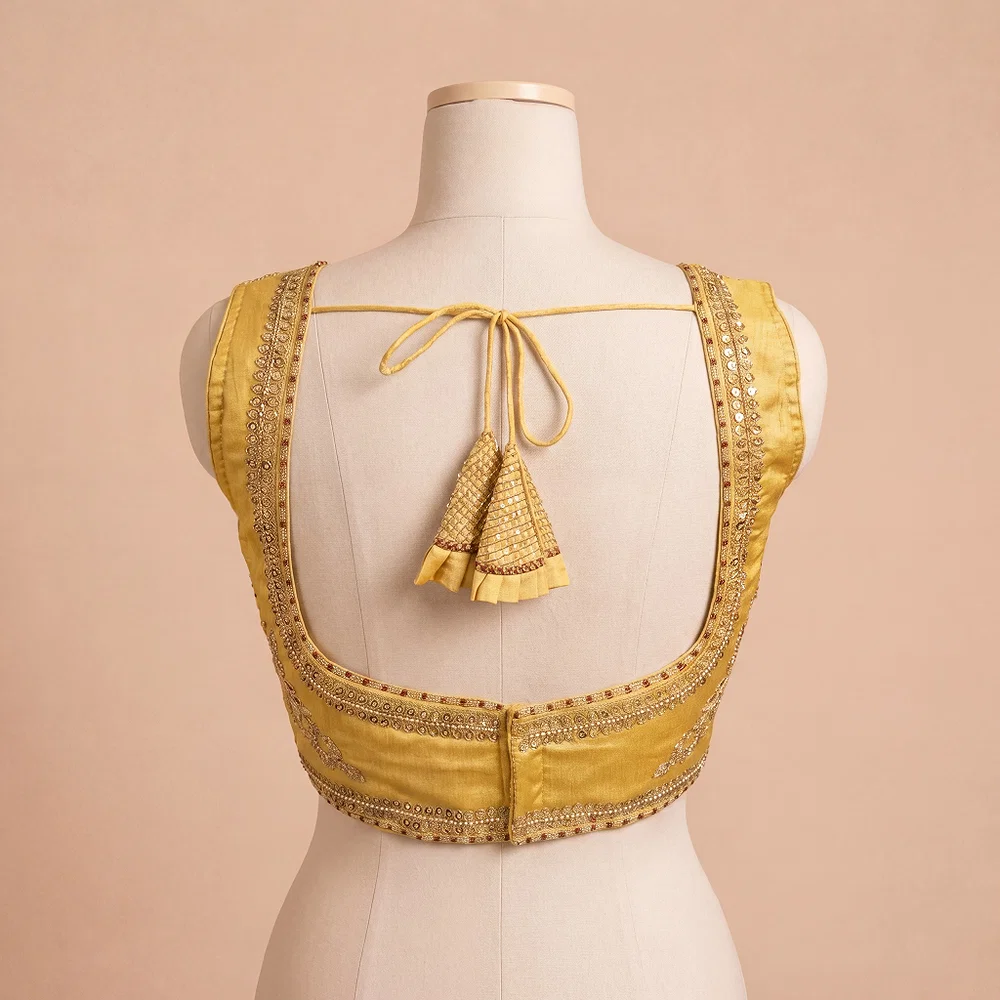 Gold Color Sabyasachi Neck Bridal Blouse with Heavy Stars & Beads Work — view 3